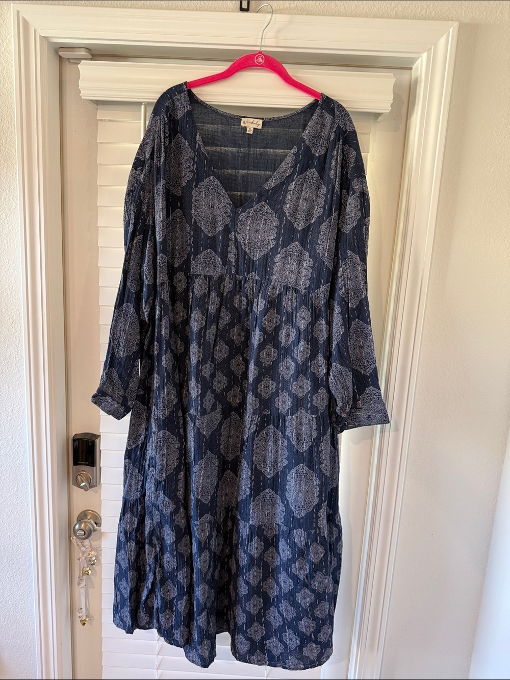 Wonderly Navy Medallion V-Neck Long Sleeve Dress
